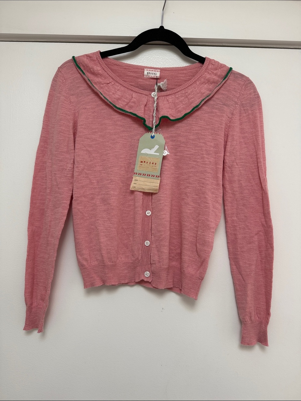 Morley Pink Knit Cardigan with Green Trim